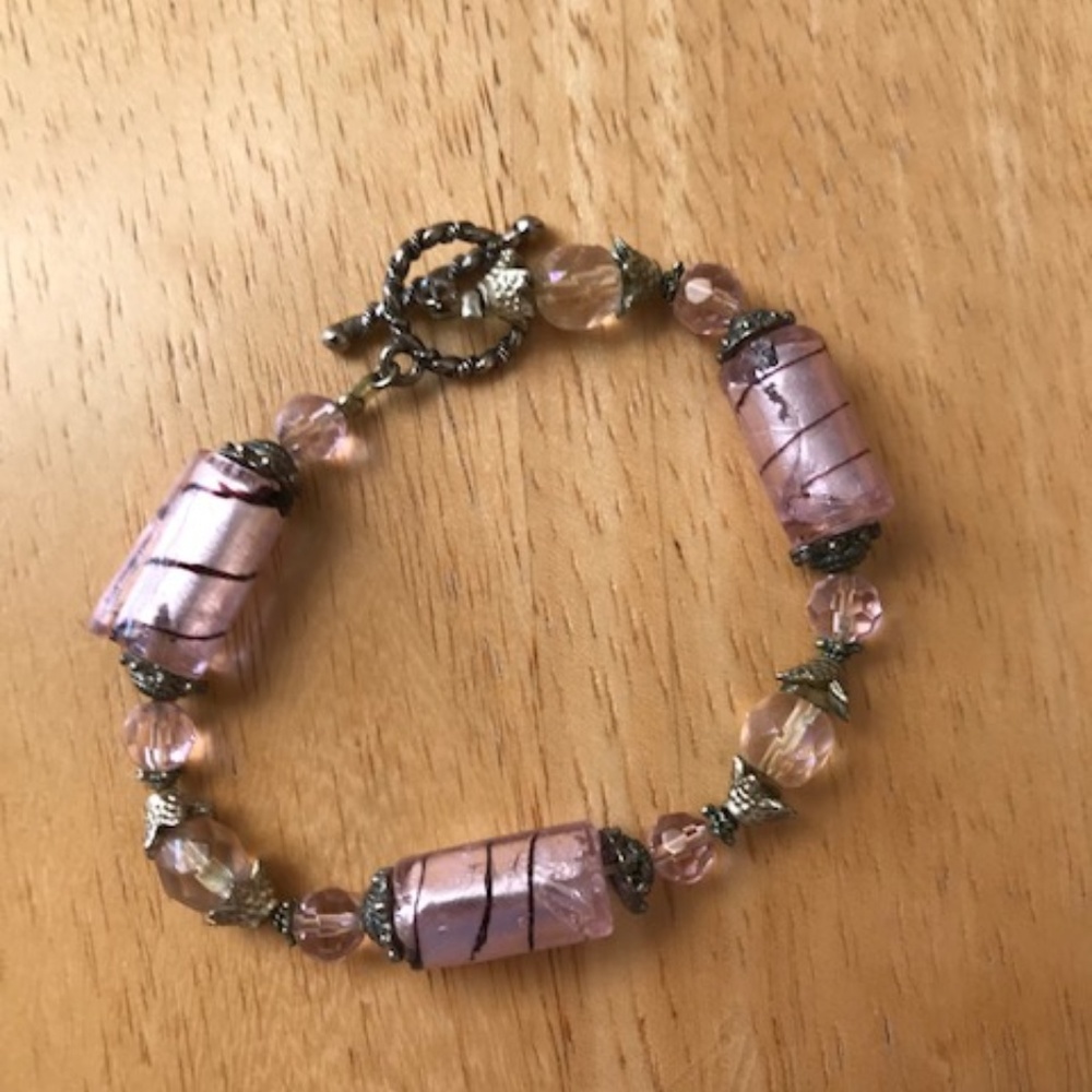 Pink Glass Beaded Stretch Bracelet Vintage 1 Owner